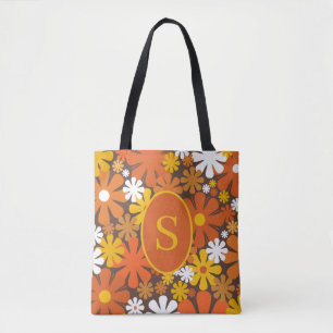 Retro 60s 70s Floral Pattern with Initial Tote Bag