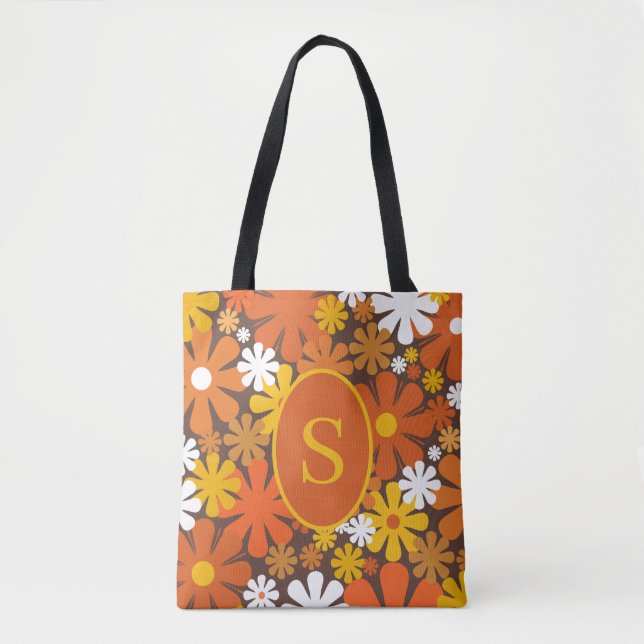 Retro 60s 70s Floral Pattern with Initial Tote Bag (Front)