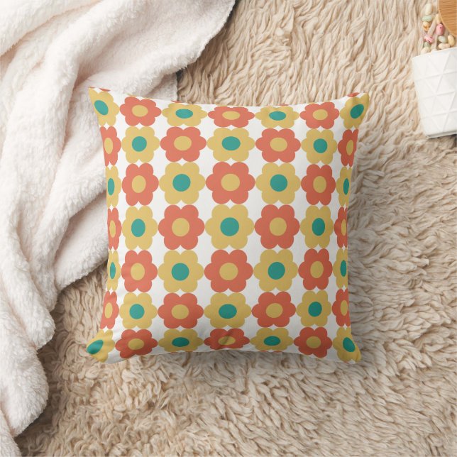 Retro 60s, 70s Floral Pattern Yellow, Orange, Teal Cushion (Blanket)