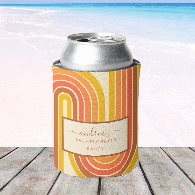 Retro 60s 70s Geometric Rainbow Bachelorette Party Can Cooler (Creator Uploaded)