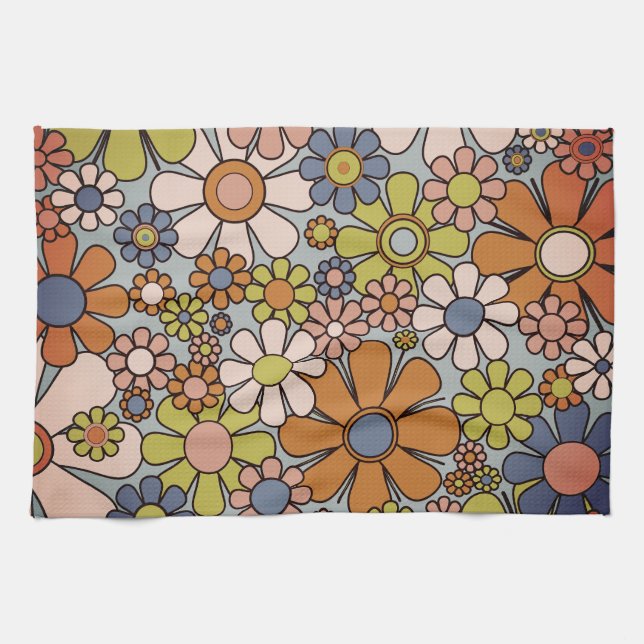 Retro 60s 70s Groovy Floral Pattern Tea Towel (Horizontal)