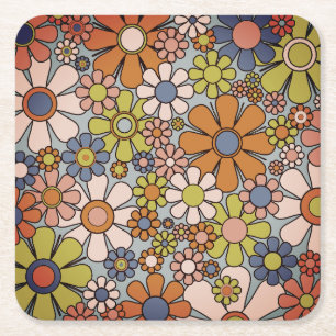 Retro 60s 70s Groovy Floral Square Paper Coaster