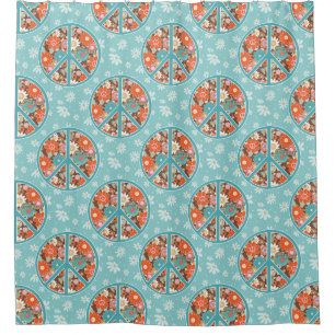 RETRO 60s 70s Hippy Floral Peace Sign Blue Orange Shower Curtain