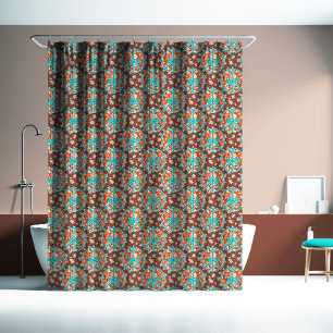 RETRO 60s 70s Hippy Floral Peace Sign Brown Blue  Shower Curtain