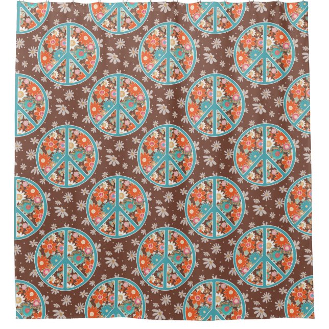 RETRO 60s 70s Hippy Floral Peace Sign Brown Blue  Shower Curtain (Front)