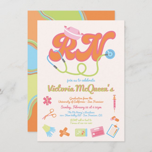 Retro 60's 70's Nurse Graduation Invitation (Front/Back)