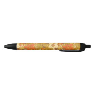 Retro 60s/70s Orange & Olive Green Floral Black Ink Pen