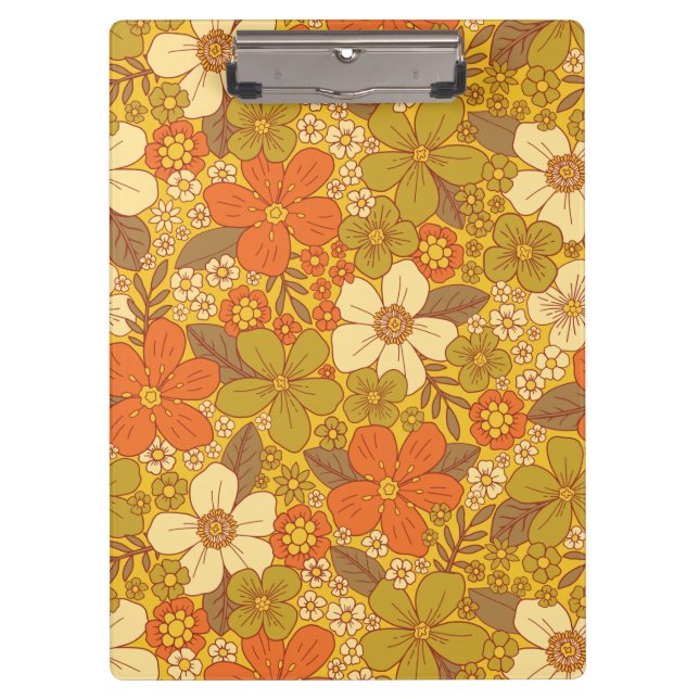 Retro 60s/70s Orange & Olive Green Floral Clipboard (Front)