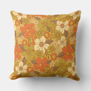 Retro 60s/70s Orange & Olive Green Floral Cushion