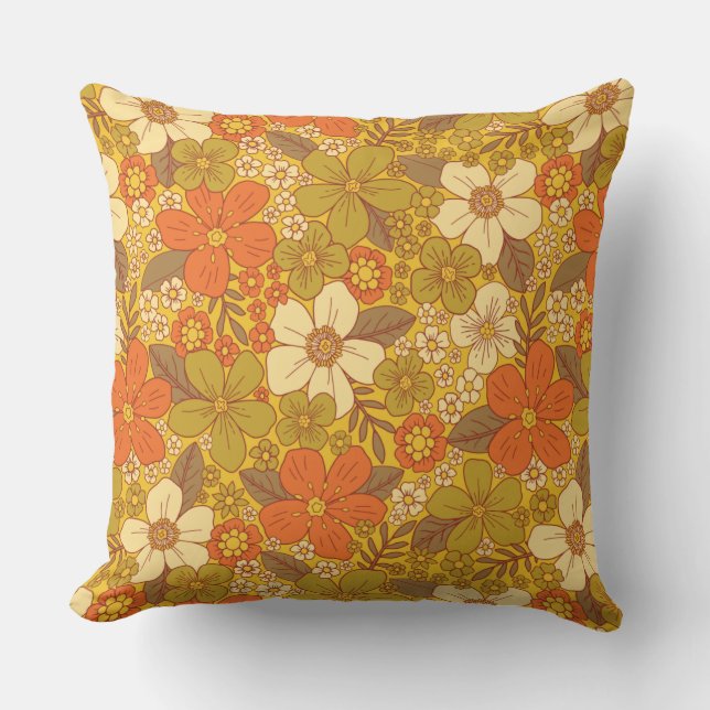 Retro 60s/70s Orange & Olive Green Floral Cushion (Front)