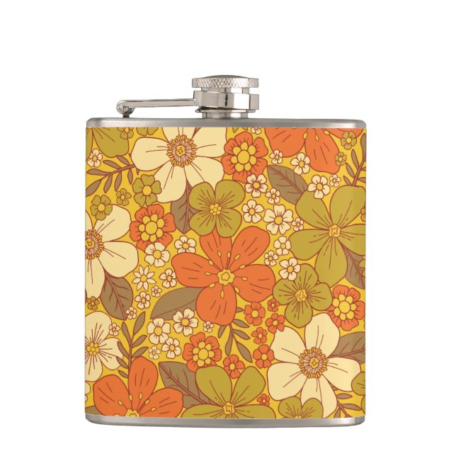 Retro 60s/70s Orange & Olive Green Floral Hip Flask (Front)