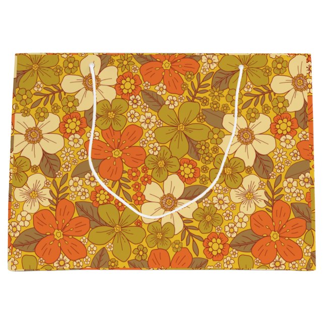 Retro 60s/70s Orange & Olive Green Floral Large Gift Bag (Front)