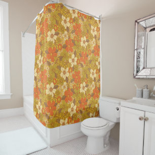 Retro 60s/70s Orange & Olive Green Floral Shower Curtain