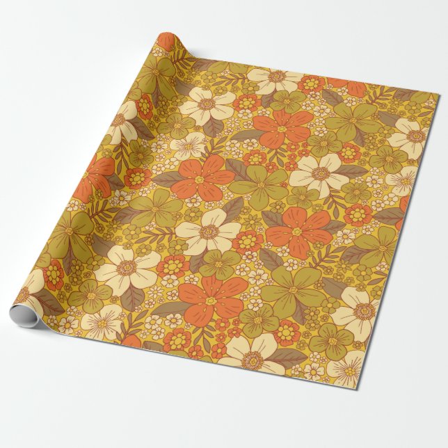 Retro 60s/70s Orange & Olive Green Floral Wrapping Paper (Unrolled)