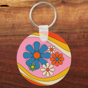 Retro 60s 70s Pink Floral with Initial Key Ring
