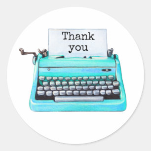 Retro 60s Aqua Typewriter Cute Girly Thank You  Classic Round Sticker