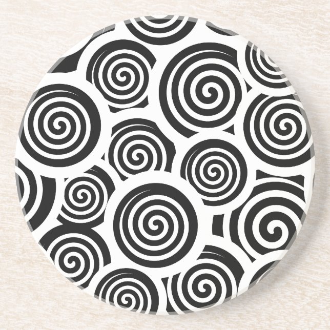 Retro 60's Black and White Spirals Hypnotic Swirls Coaster (Front)