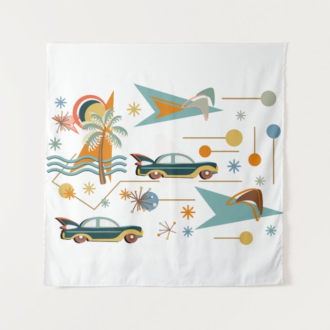 Retro 60s Car Trip to the Beach Tapestry (Front)