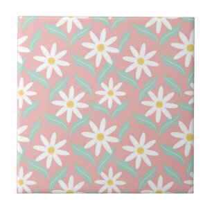 Retro 60s Chamomile Pink Teal Blue Flower Floral Ceramic Tile