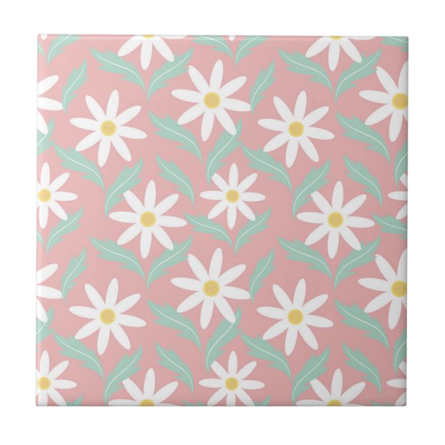 Retro 60s Chamomile Pink Teal Blue Flower Floral Ceramic Tile (Front)