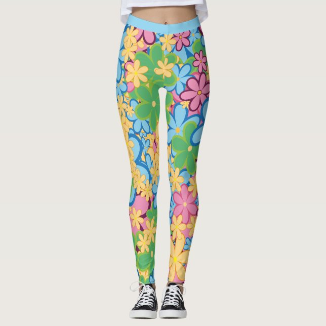 Retro 60s Colourful Flower Power Pattern Yoga Leggings (Front)