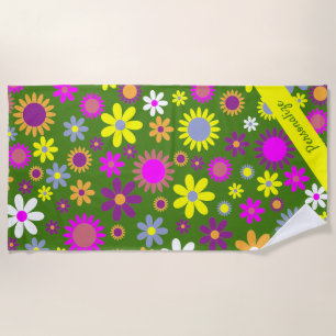 Retro 60s Flower Green Yellow Purple Floral Name Beach Towel