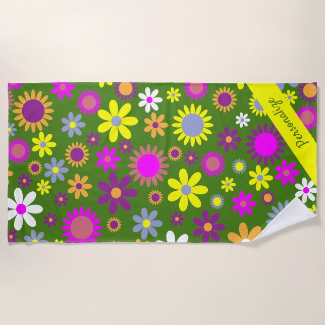 Retro 60s Flower Green Yellow Purple Floral Name Beach Towel (Front)