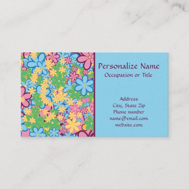 Retro 60s Flower Power Blue Purple Trendy Business Card (Front)