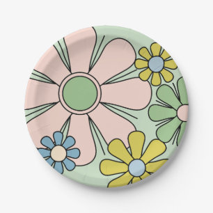Retro 60s Flowers Groovy Pastel Floral Paper Plate