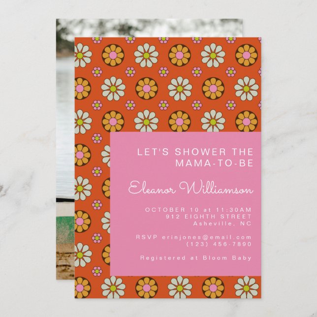 Retro 60s Flowers Orange Pink Baby Shower Photo Invitation (Front/Back)