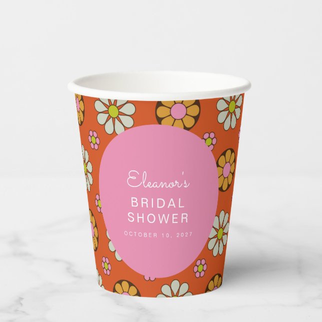 Retro 60s Flowers Orange Pink Bridal Shower Custom Paper Cups (Front)