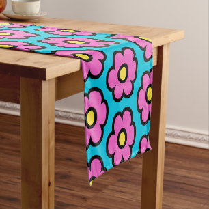 Retro 60s Groovy Flower Pattern Flowers Short Table Runner