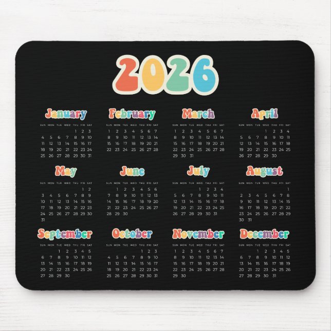 Retro 60s Hippie 2026 Black calendar Mouse Pad (Front)