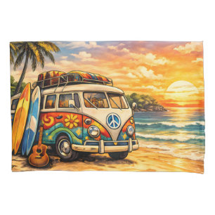 Retro 60s Hippie Beach Bus Sunset Surf Van Life Pillowcase