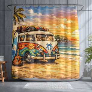 Retro 60s Hippie Beach Bus Sunset   Surf Van Life Shower Curtain