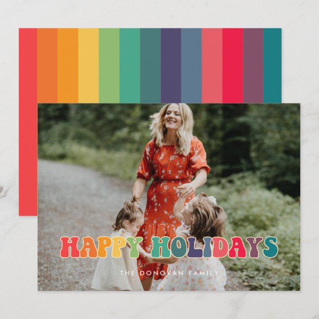 Retro 60s Hippie Fun Happy Holidays Photo Holiday Card (Front/Back)