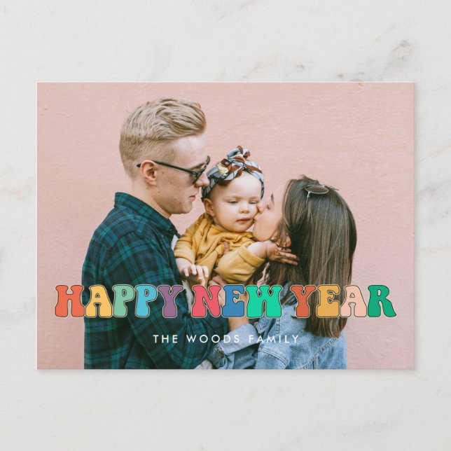 Retro 60s Hippie Fun Happy New Year photo Holiday Postcard (Front)
