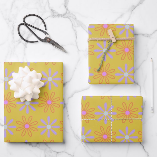 Retro 60s Mod Pop Flower Pattern in Yellow Wrapping Paper Sheet (Front)