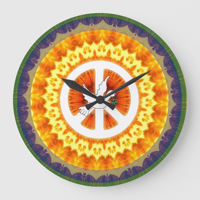 Retro 60s Peace Symbol White Dove Olive Branch Large Clock (Front)