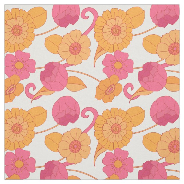 Retro 60s Pink Orange Hippie Flowers Pattern Fabric (Swatch)