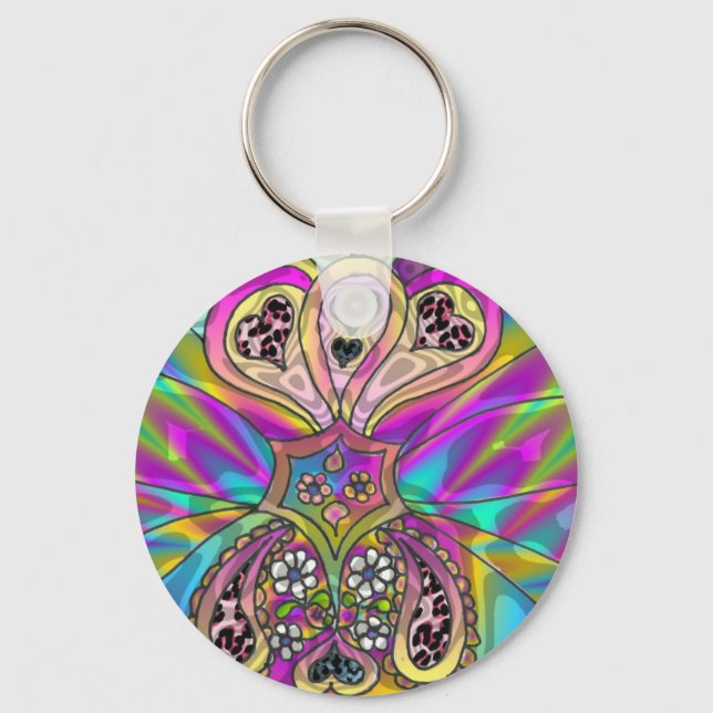 Retro 60s Psychedelic Hearts Flowers Gifts Apparel Key Ring (Front)