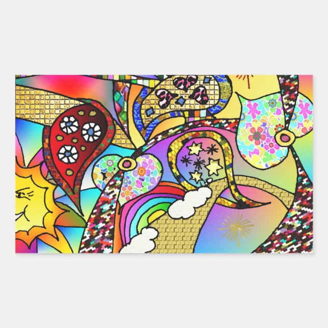 Retro 60s Psychedelic Hearts Paisley Gifts Apparel Rectangular Sticker (Front)