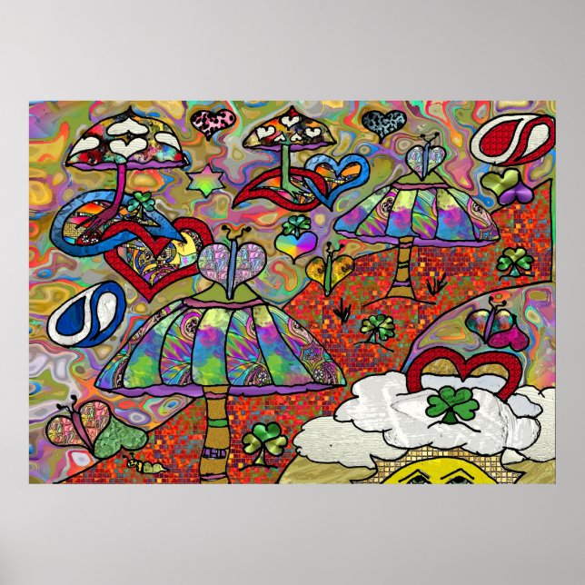 Retro 60s Psychedelic Magic Mushrooms Print Poster (Front)