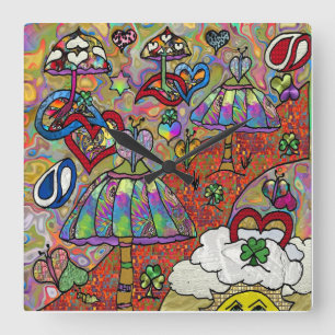 Retro 60s Psychedelic Magic Mushrooms Sq Clock
