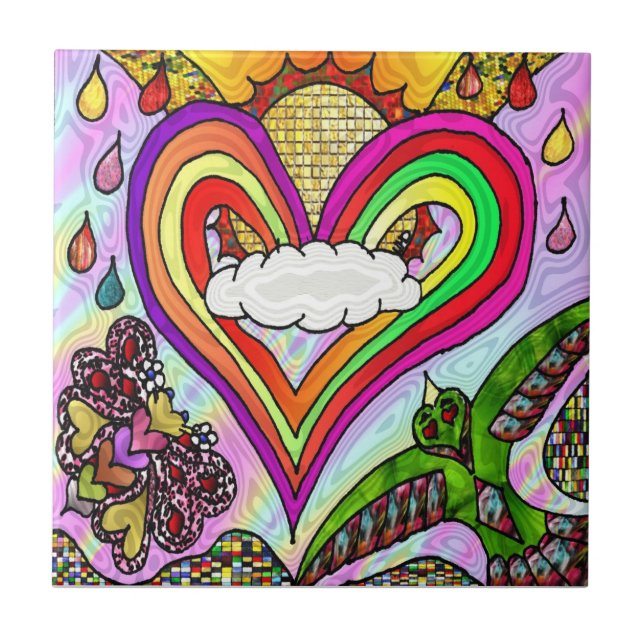 Retro 60s Psychedelic Rainbow Heart Tile (Front)