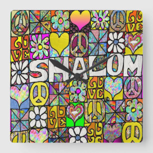 Retro 60s Psychedelic Shalom LOVE Square Wall Clock