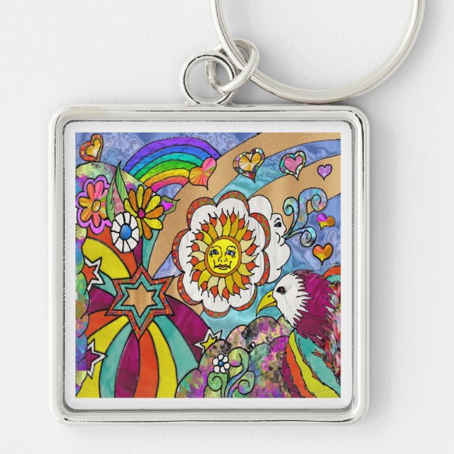 Retro 60s Psychedelic Sunshine Eagle Apparel Gifts Key Ring (Front)