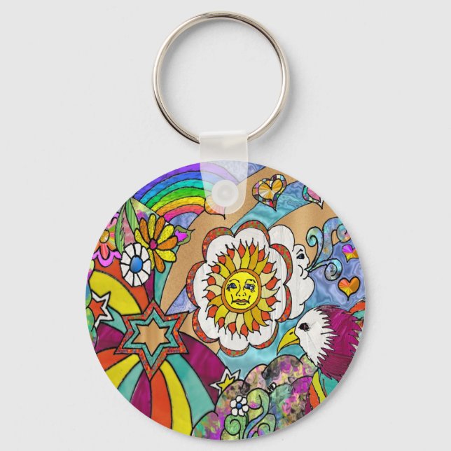 Retro 60s Psychedelic Sunshine Eagle Apparel Gifts Key Ring (Front)