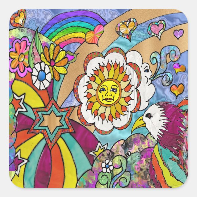 Retro 60s Psychedelic Sunshine Eagle Apparel Gifts Square Sticker (Front)