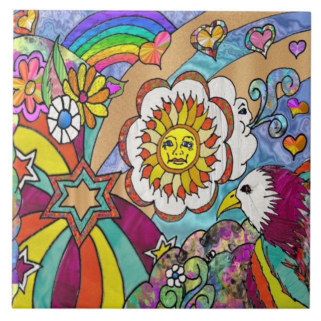 Retro 60s Psychedelic Sunshine Eagle Ceramic Tile (Front)